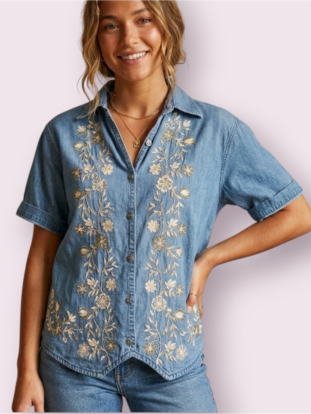 Vintage New Direction Denim Floral Embroidered Button Up Short Sleeve Top XL